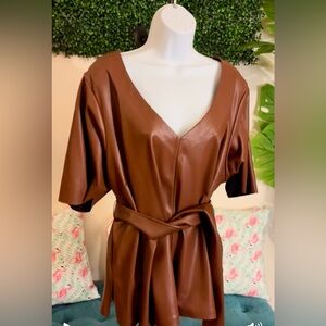 Eloquii Brown Vegan Leather V-Neck Belted Blouse